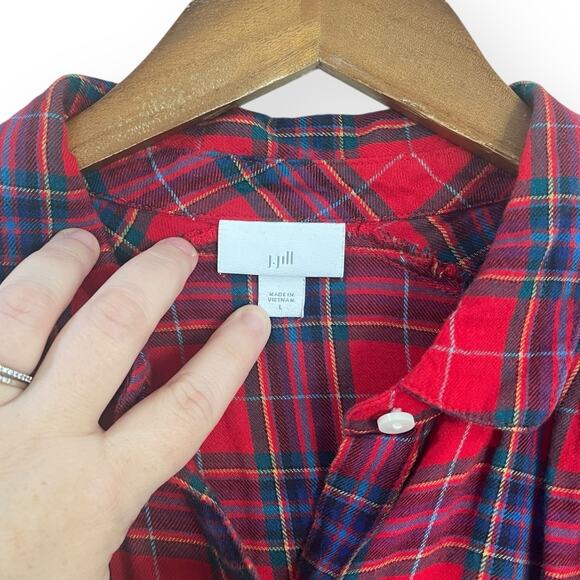 J Jill Red Blue Plaid Button Up Long Sleeve Shirt Size L Soft Cozy Tunic Flannel - Picture 2 of 8